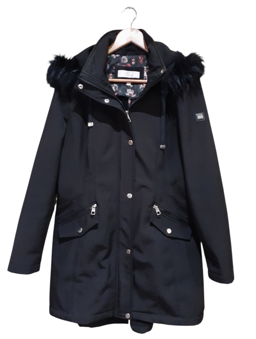 Eliza J Soft Shell Fleece Lined Parka Coat with Faux Fur Hood Black Size Large